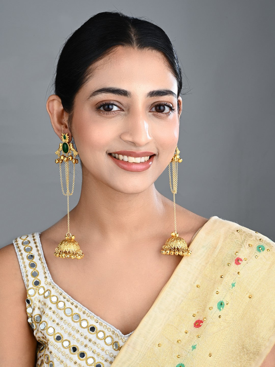Emerald Green Temple Jhumka Earrings with Chain Tassels