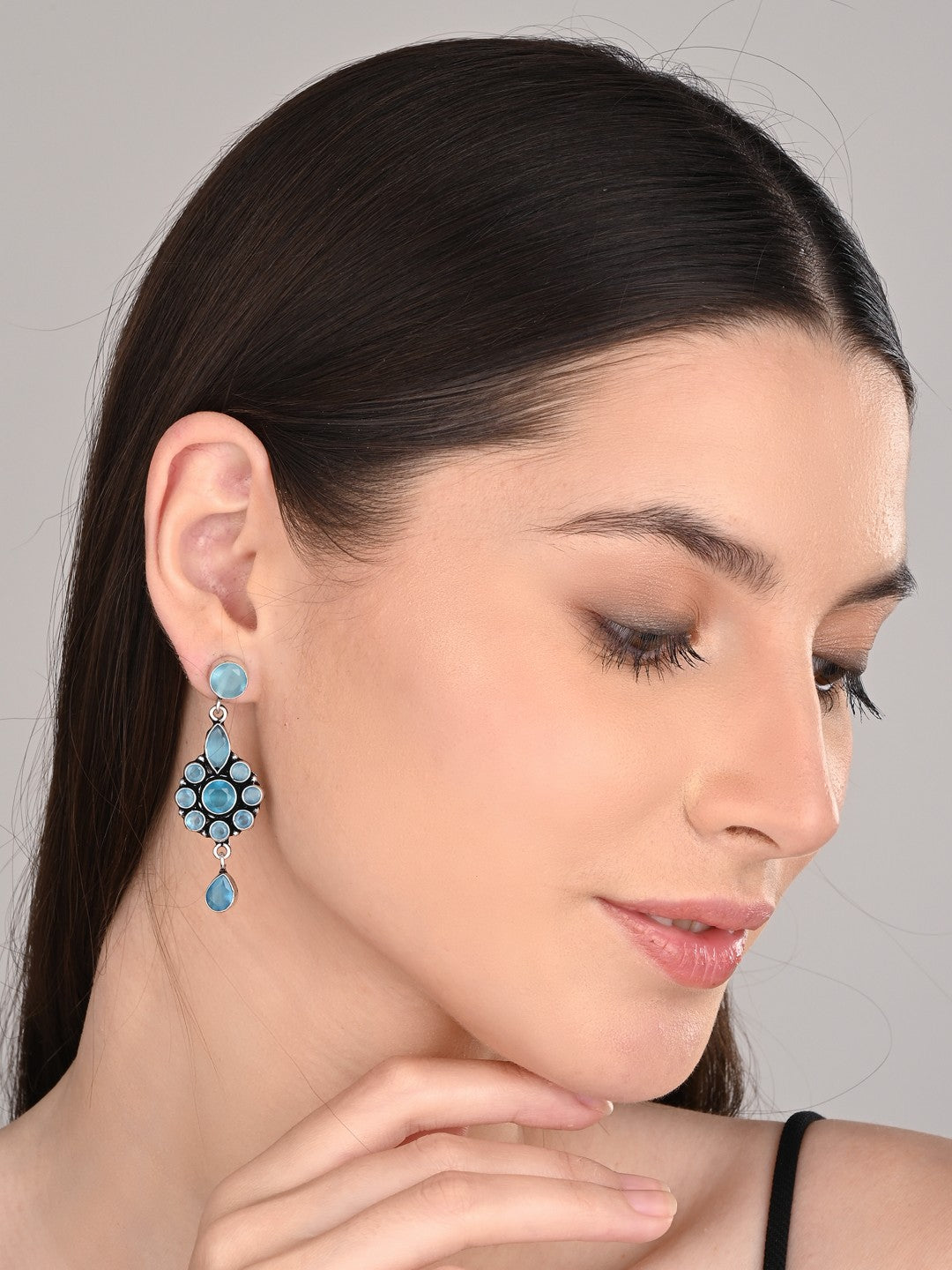 Brass Blue AD Stone Drop Earrings with Floral & Teardrop Design