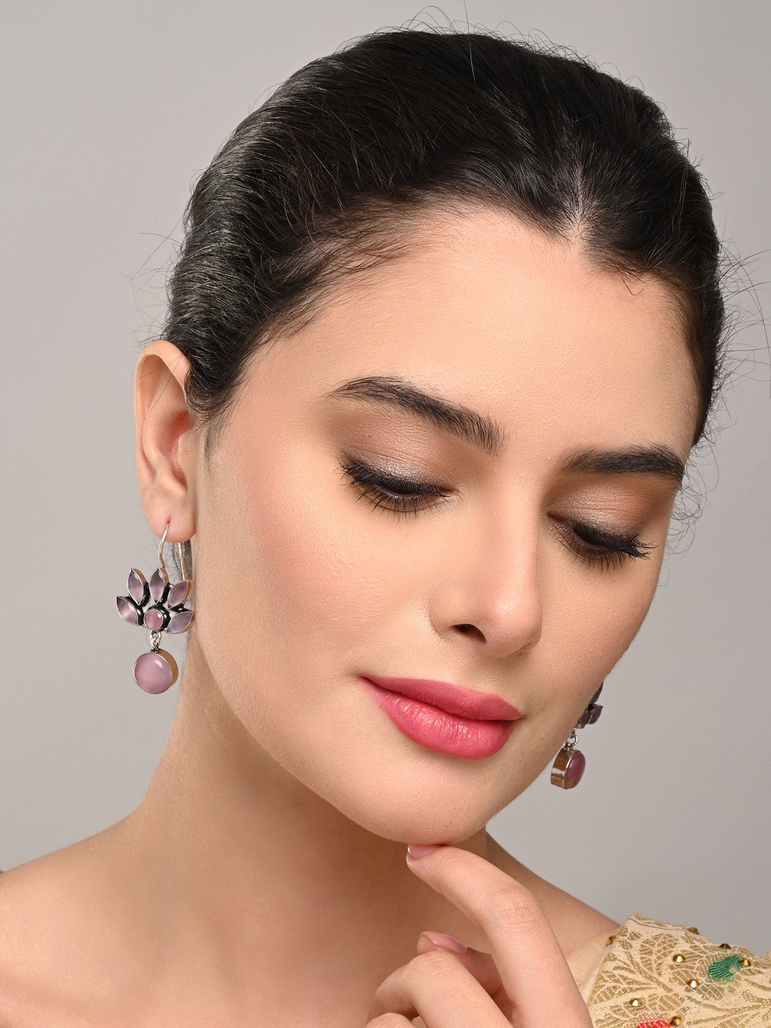 Silver Oxidized Lotus Drop Earrings Pink