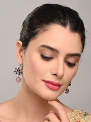 Silver Oxidized Lotus Drop Earrings Pink