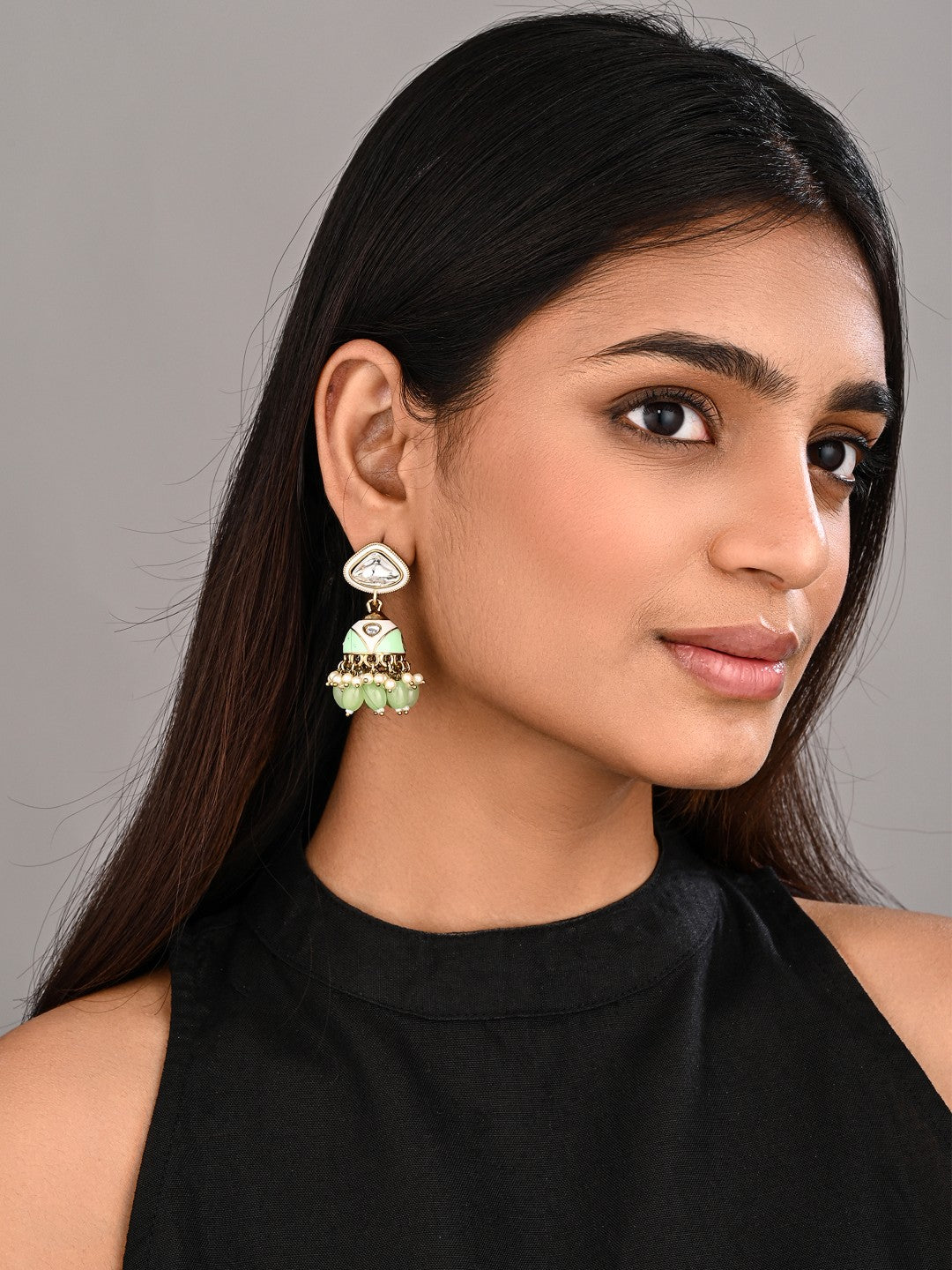 Enamelled Jhumka Earring - Sage green