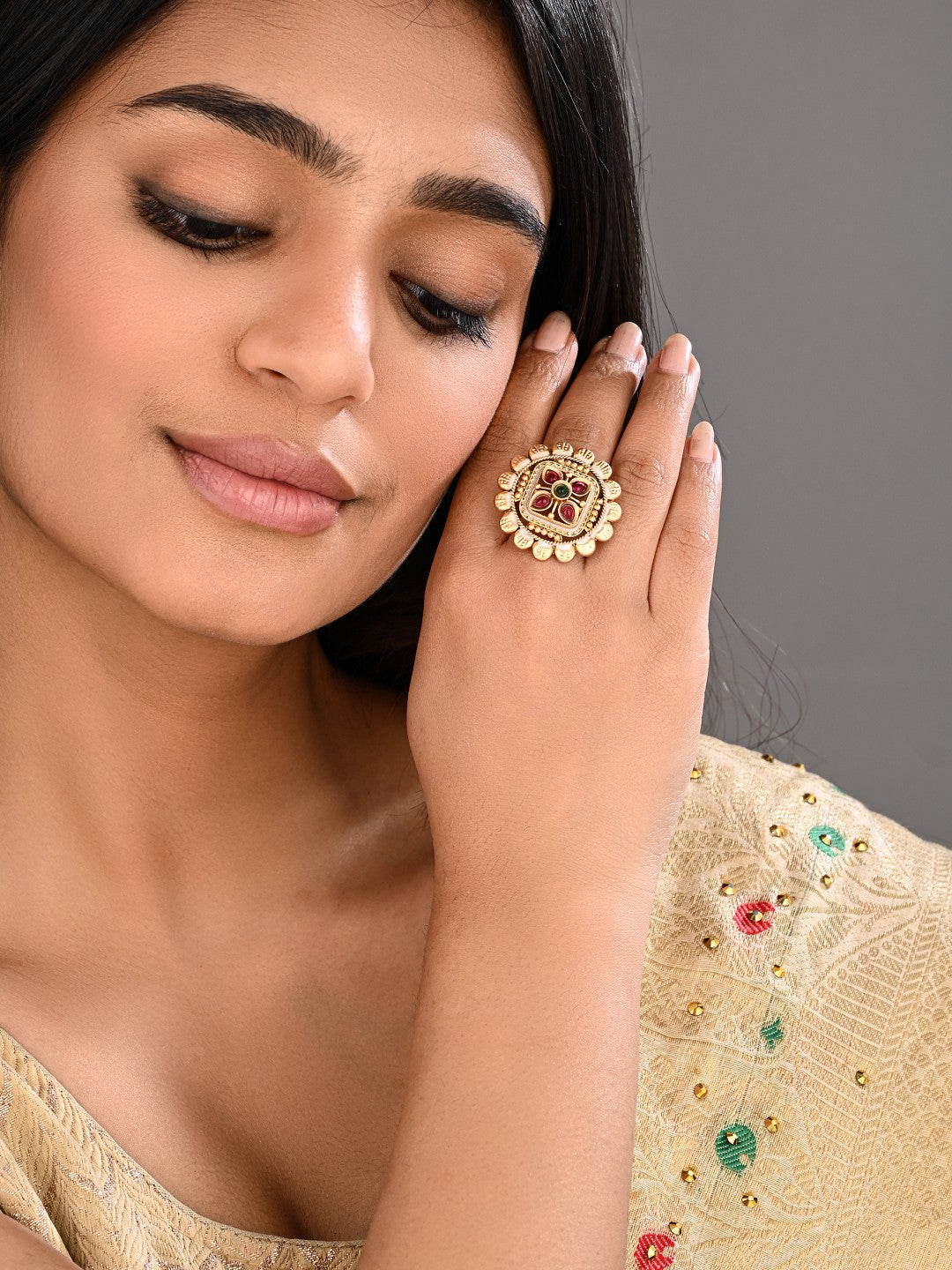 Gold Ruby Emerald Mandala Ring