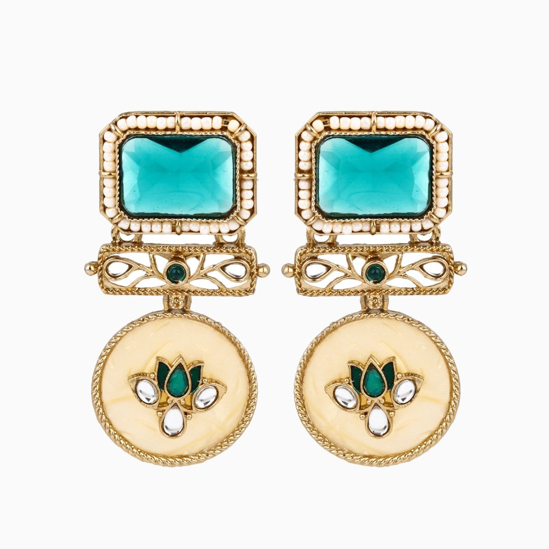 Gold-Plated Geometric Drop Earrings with MOP Filigree Green