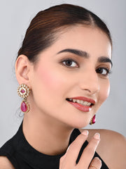 Gold plated Flower Stud with tear drop earring - Pink