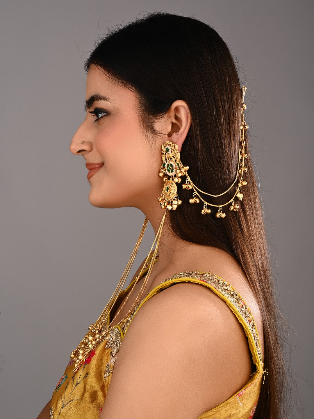 Gold-Tone Kundan & Green Stone Kashmiri Long Chain Earrings