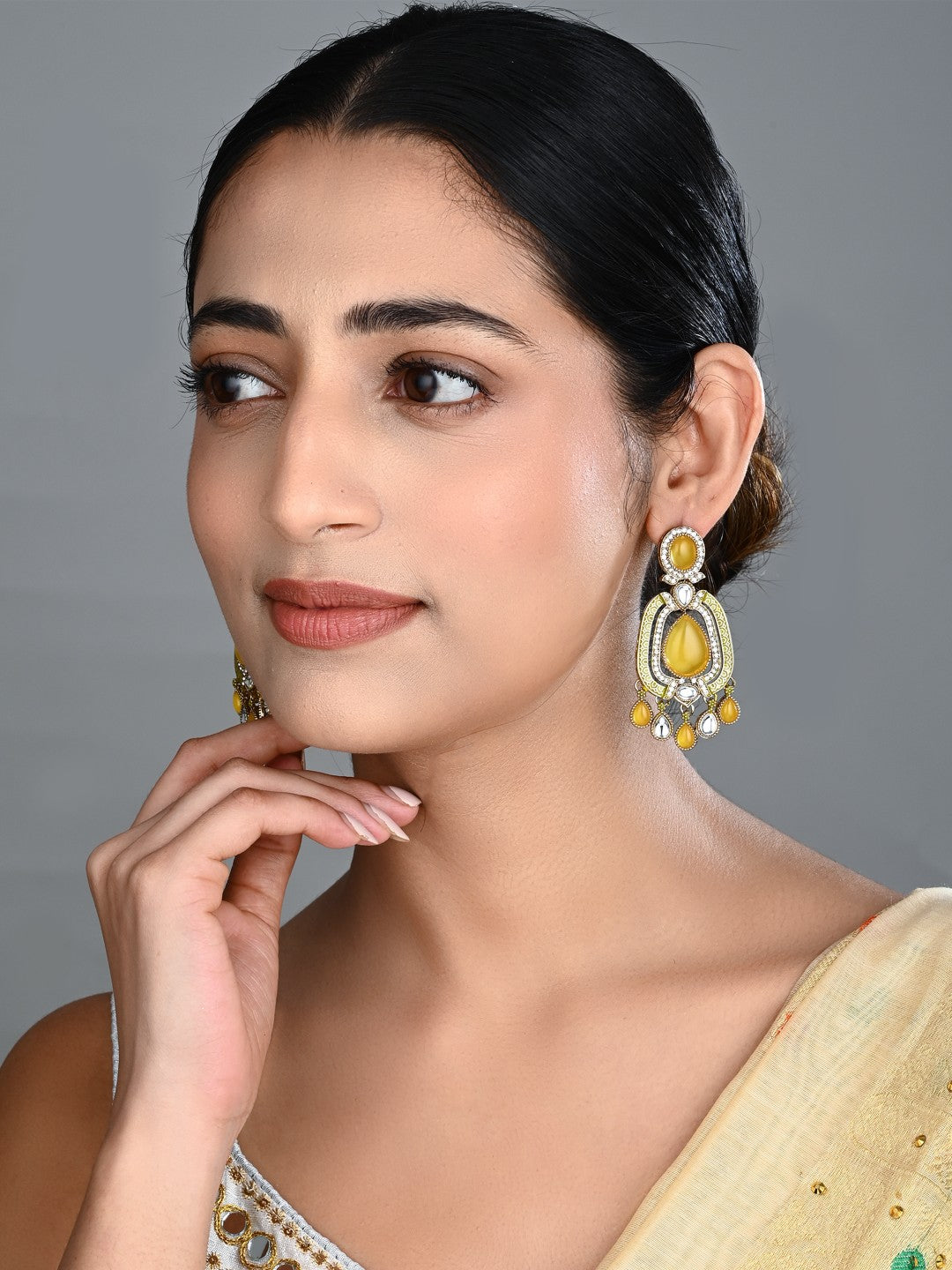 Elegant Crystal Teardrop Statement Earrings - Yellow