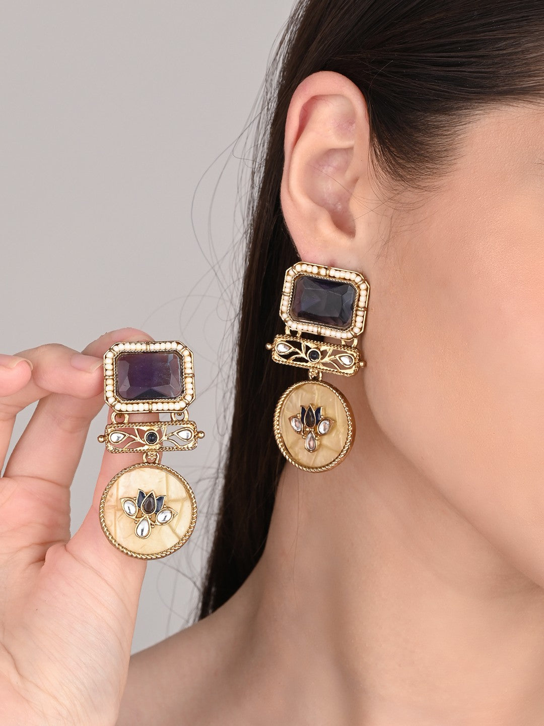 Gold-Plated Geometric Drop Earrings with MOP Filigree Blue