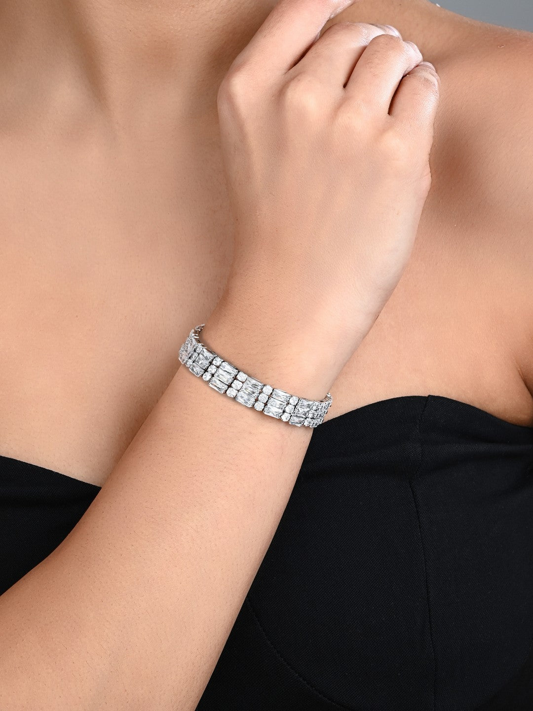 Elegant Silver-Tone CZ Tennis Bangle Bracelet 3 line