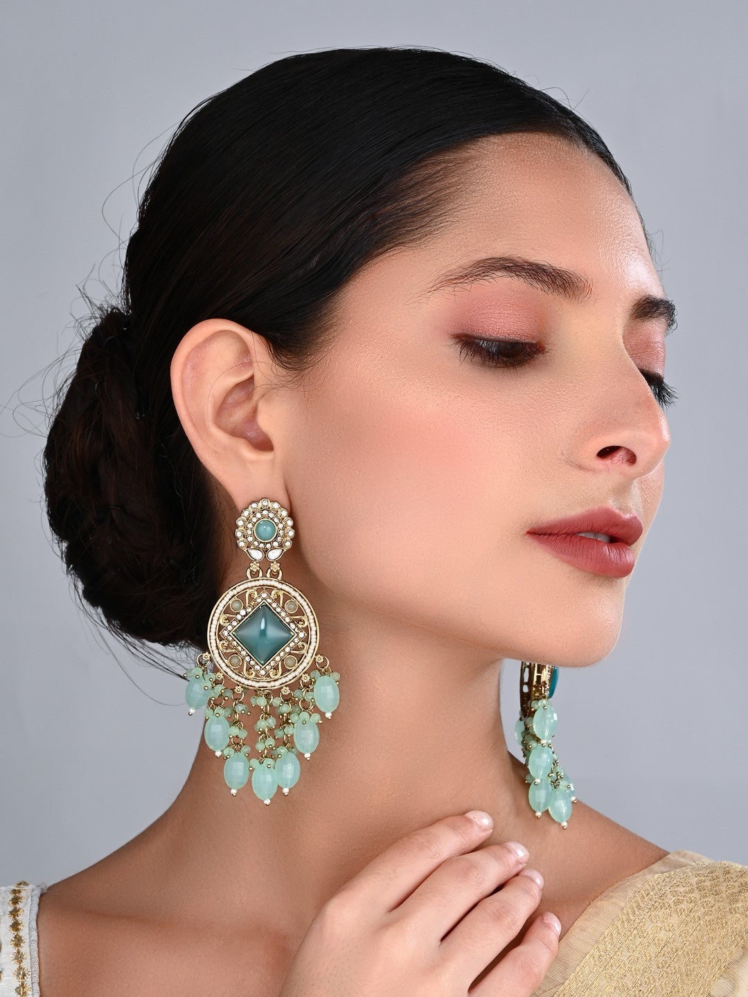 Gold-Toned Kundan Drop Earrings with Turquoise Stones and Bead Fringe