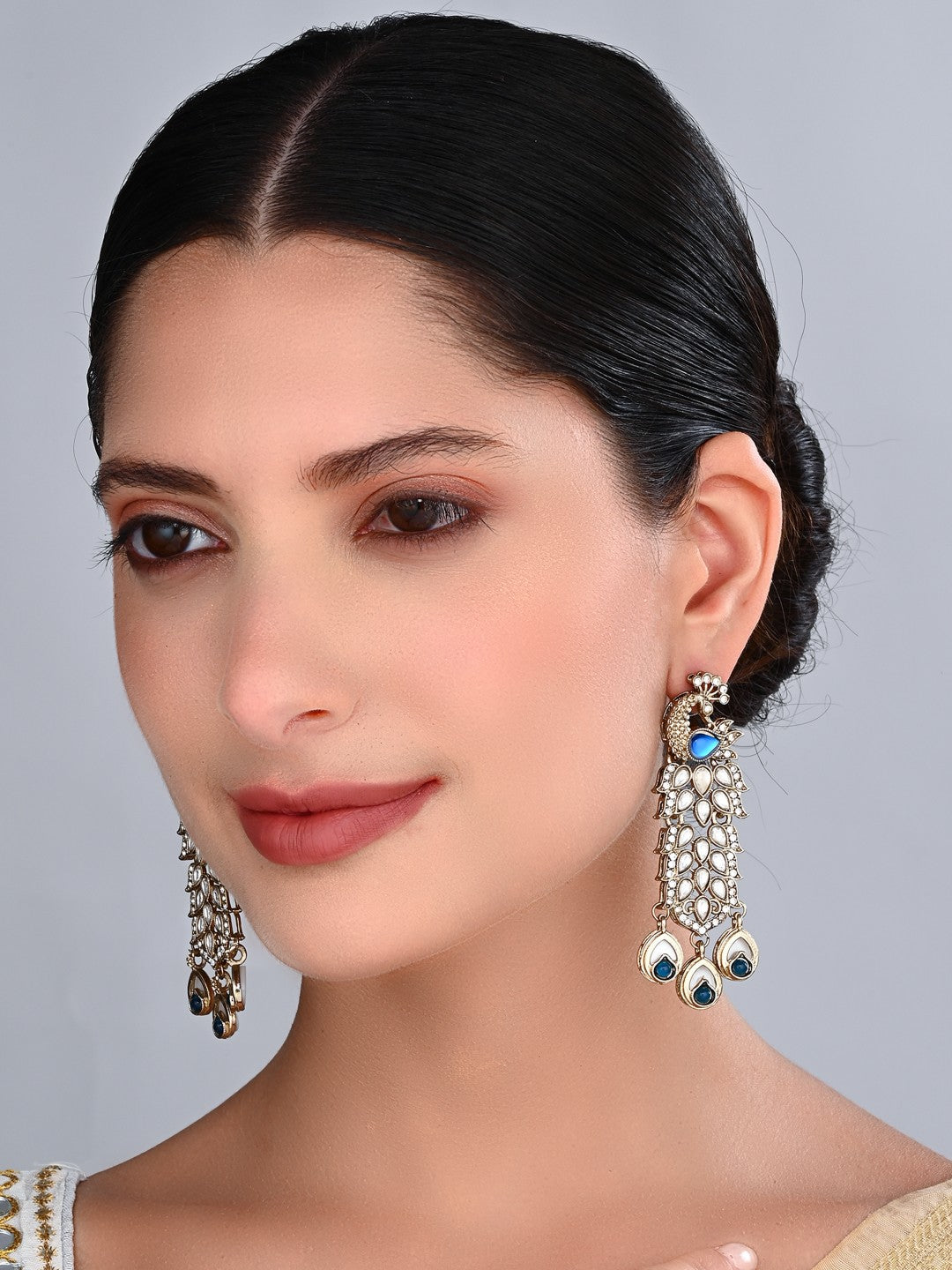 Gold-Toned Drop Earrings with  Stone Accents Blue