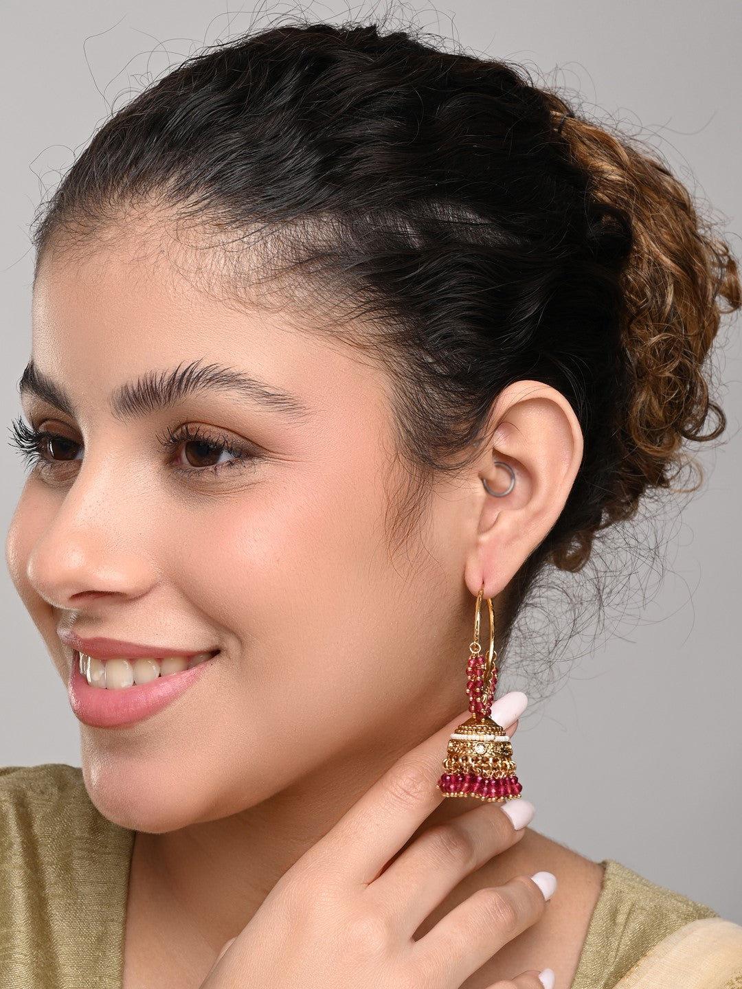 Ethnic hoops with Jhumka drop Red