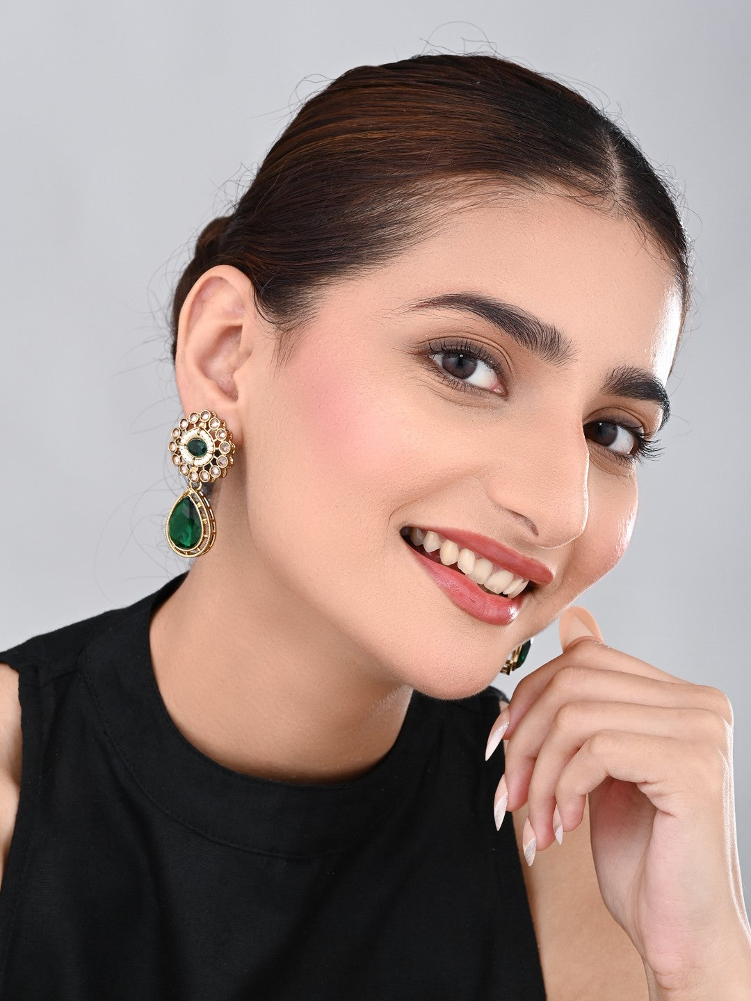 Gold plated Flower Stud with tear drop earring - Green