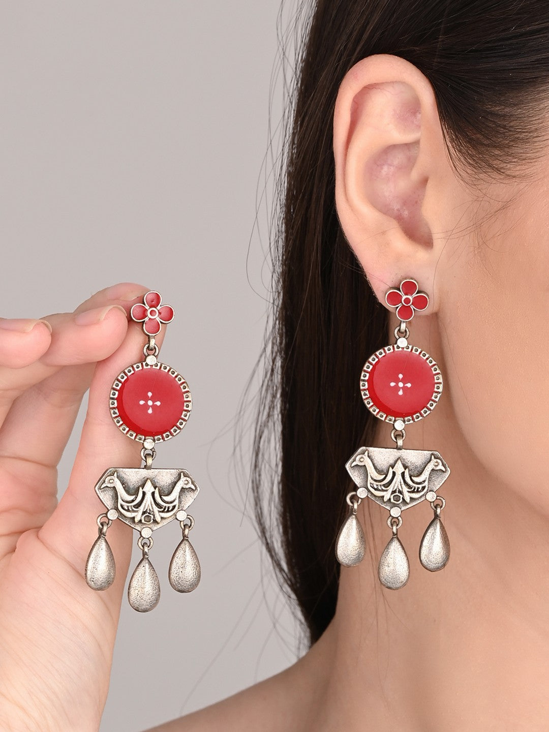 Silver Oxidised finish Red hand painted camel drop earring