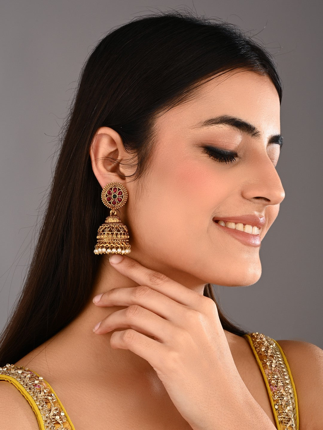 Floral Ruby Emerald Jhumka Earrings