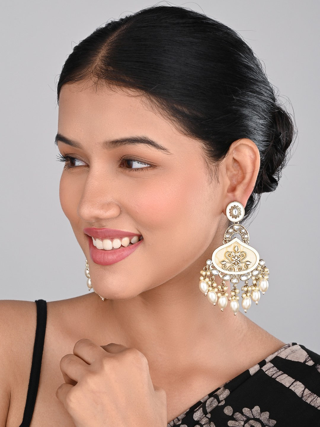 Mother of pearl Chandbali with White Meenakari & White pearl drops