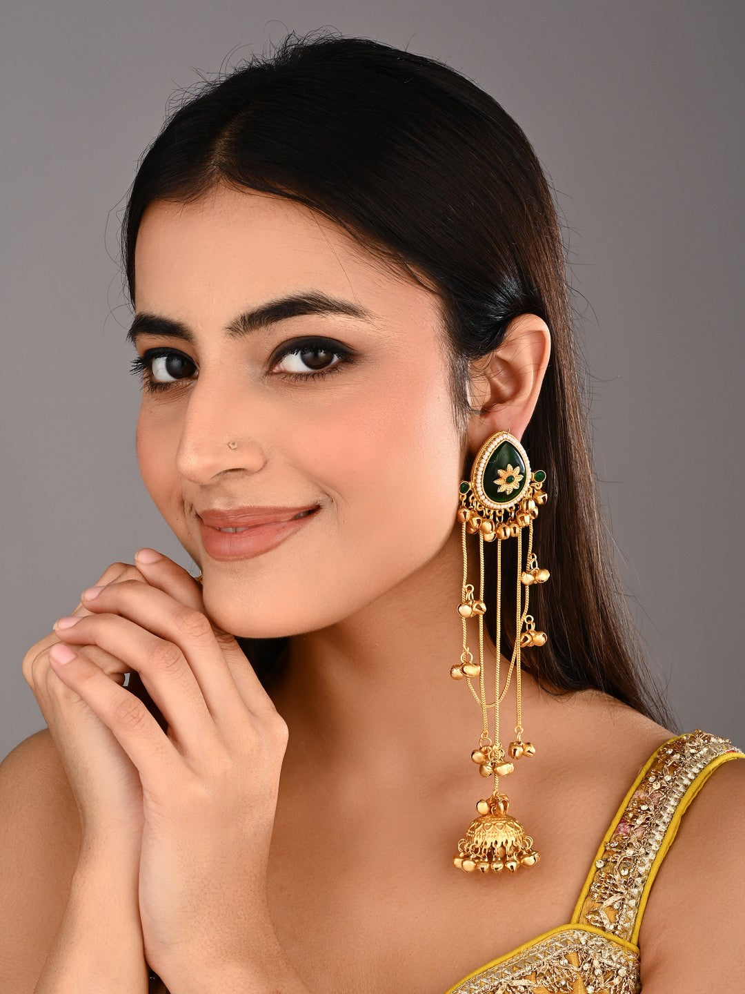 Gold Green Meenakari Jhumka Drop Earrings