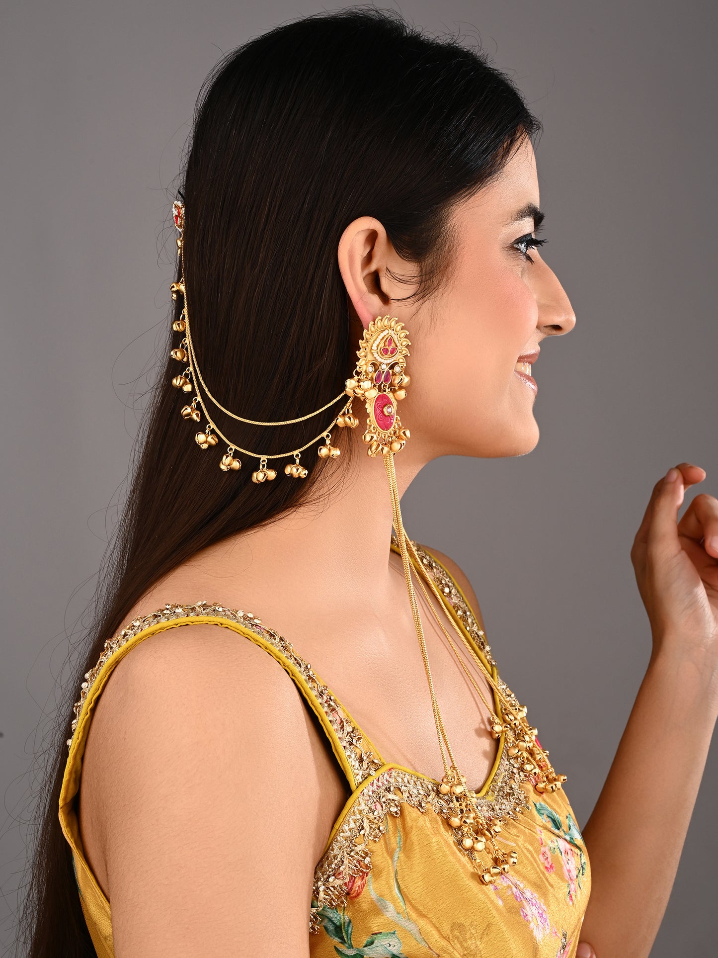 Gold plated, long Kashmiri earring with Ear chains Red