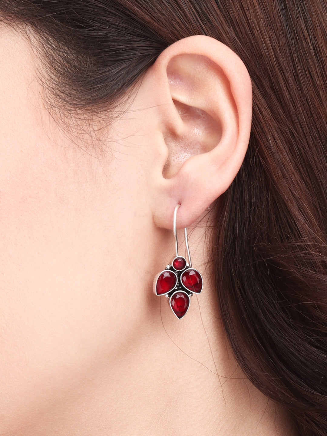 Silver Oxidised finish Red stone work drop earring