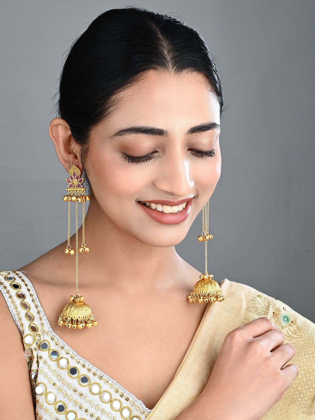 Floral Jhumka Earrings with Ghungroo Chain Tassels