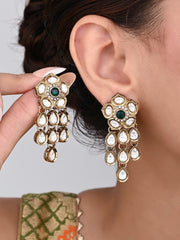 Gold plated Kundan flower drop Earrings - Grn