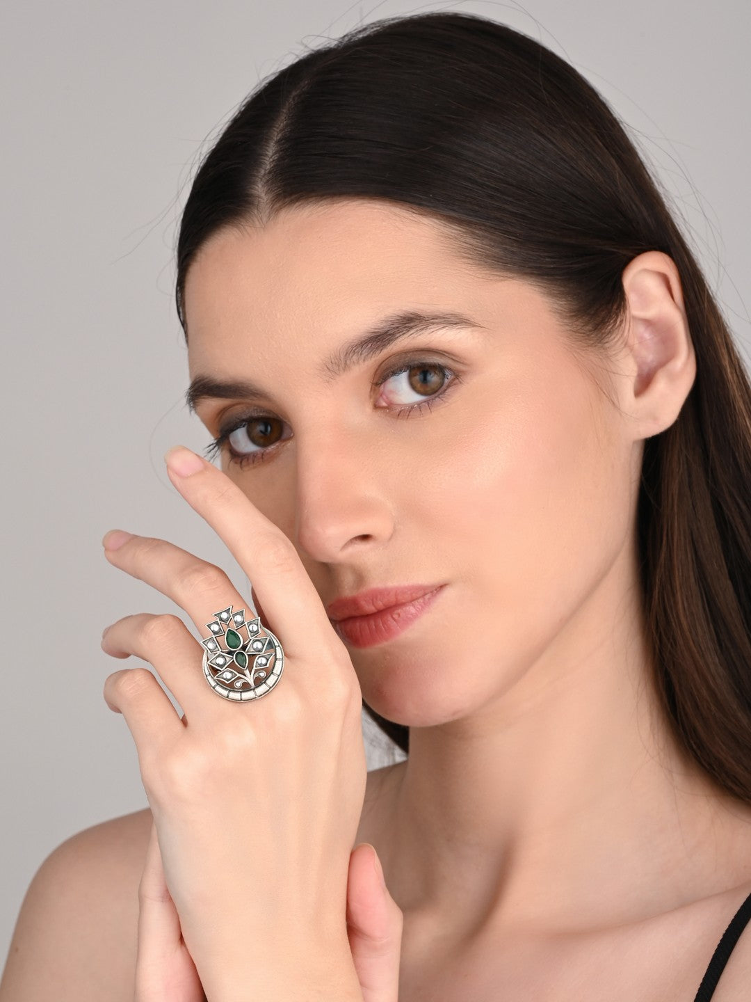 Crescent White & Green Stone adjustable finger ring