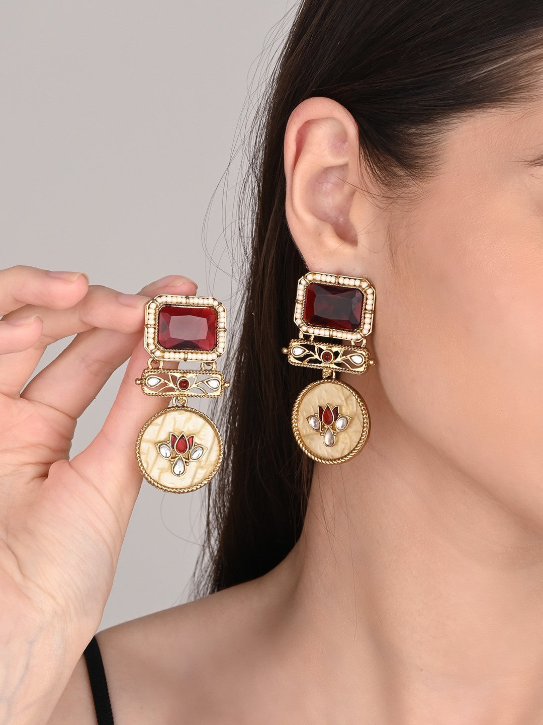 Gold-Plated Geometric Drop Earrings with MOP Filigree Red