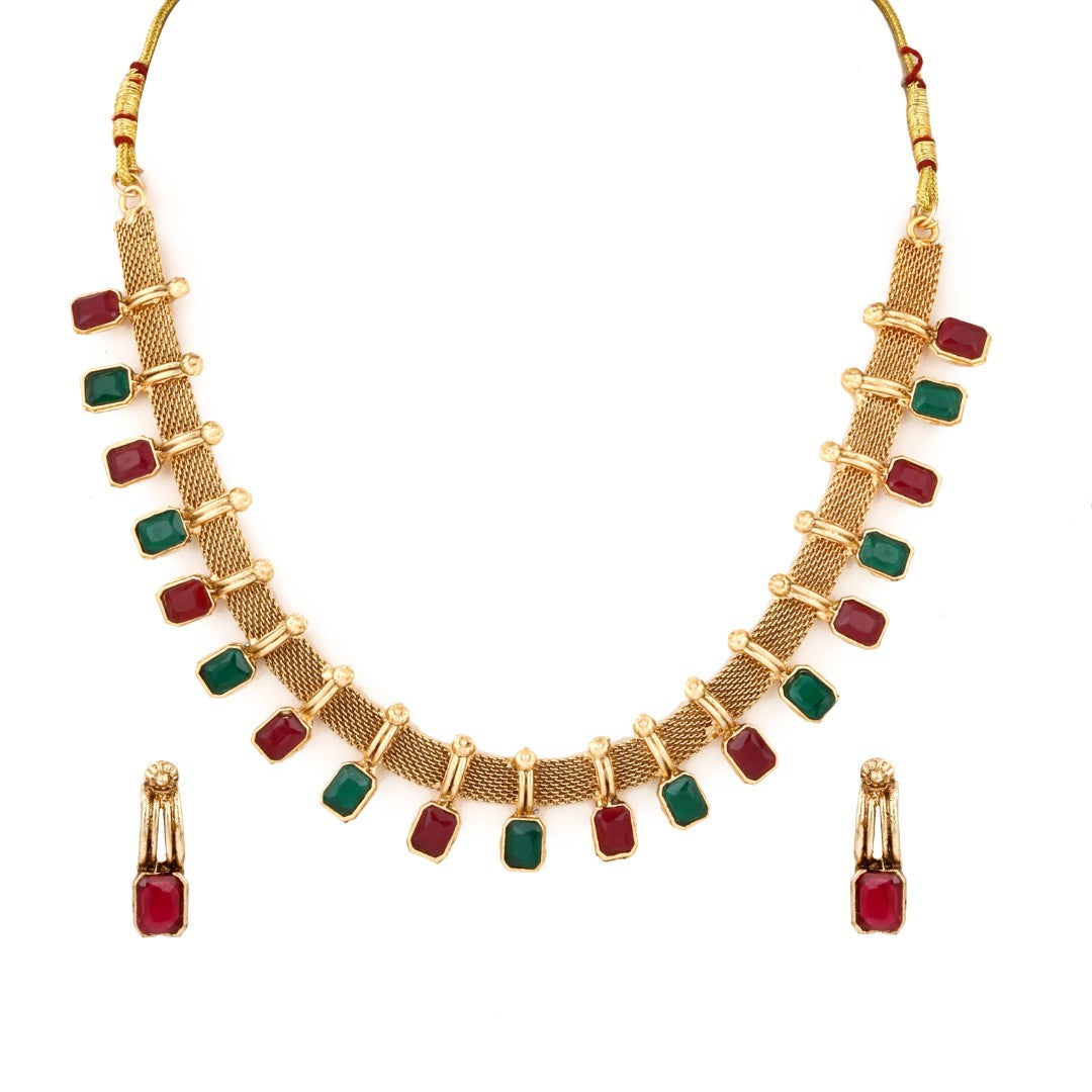 Red & green stone delicate necklace set