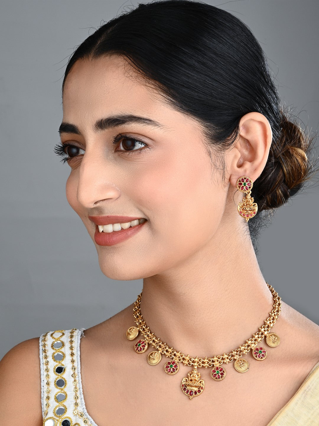Antique Gold Floral Coin Necklace Set with Kundan Jhumka Earrings