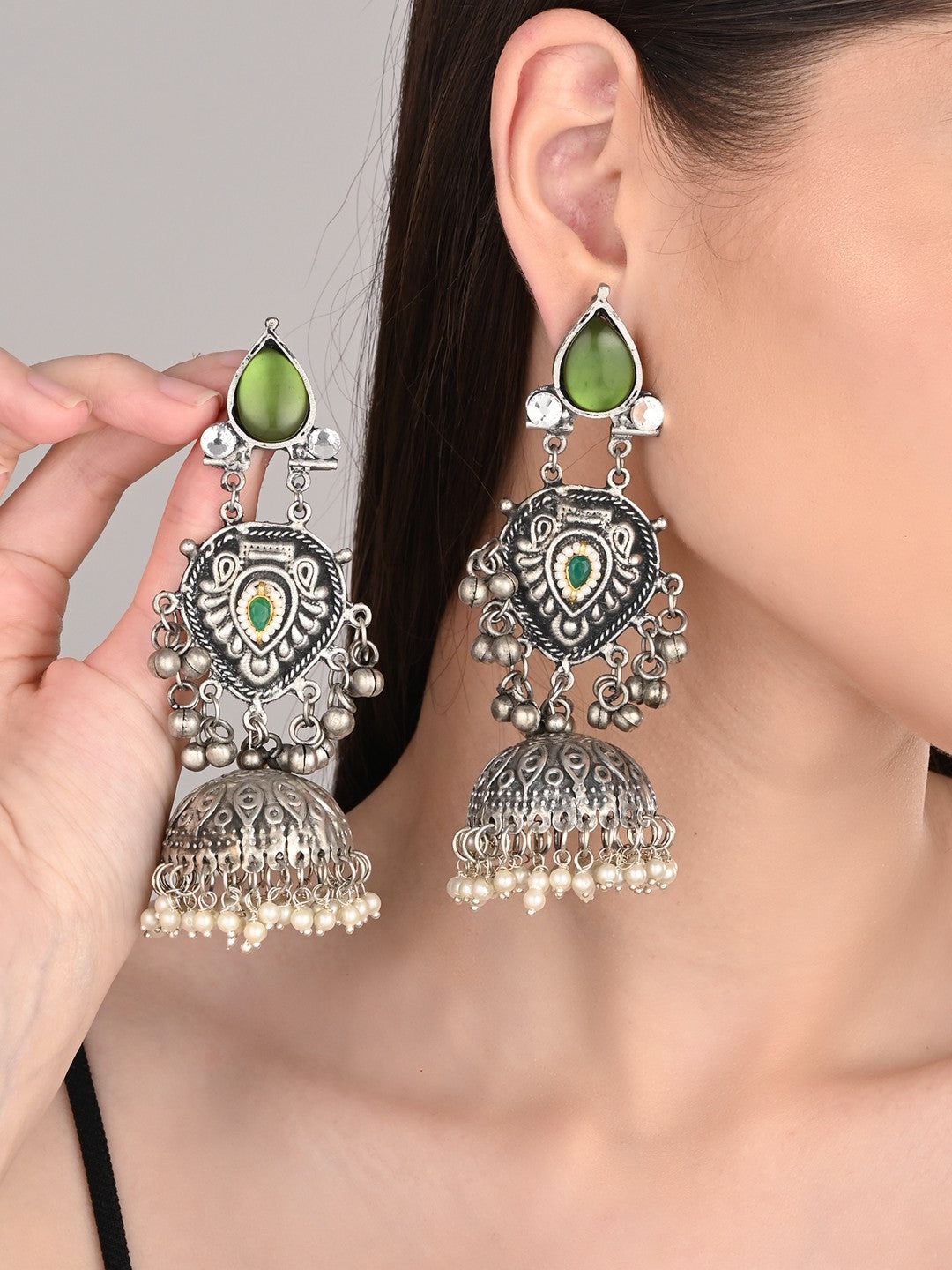 Silver oxydised lightweight long Jhumka Earring - Green