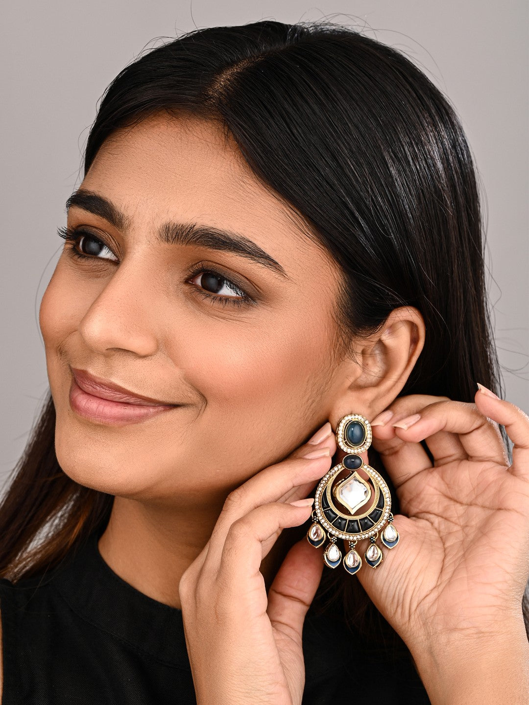 Kundan Chandbali Earrings with Teardrop Danglers- Navy