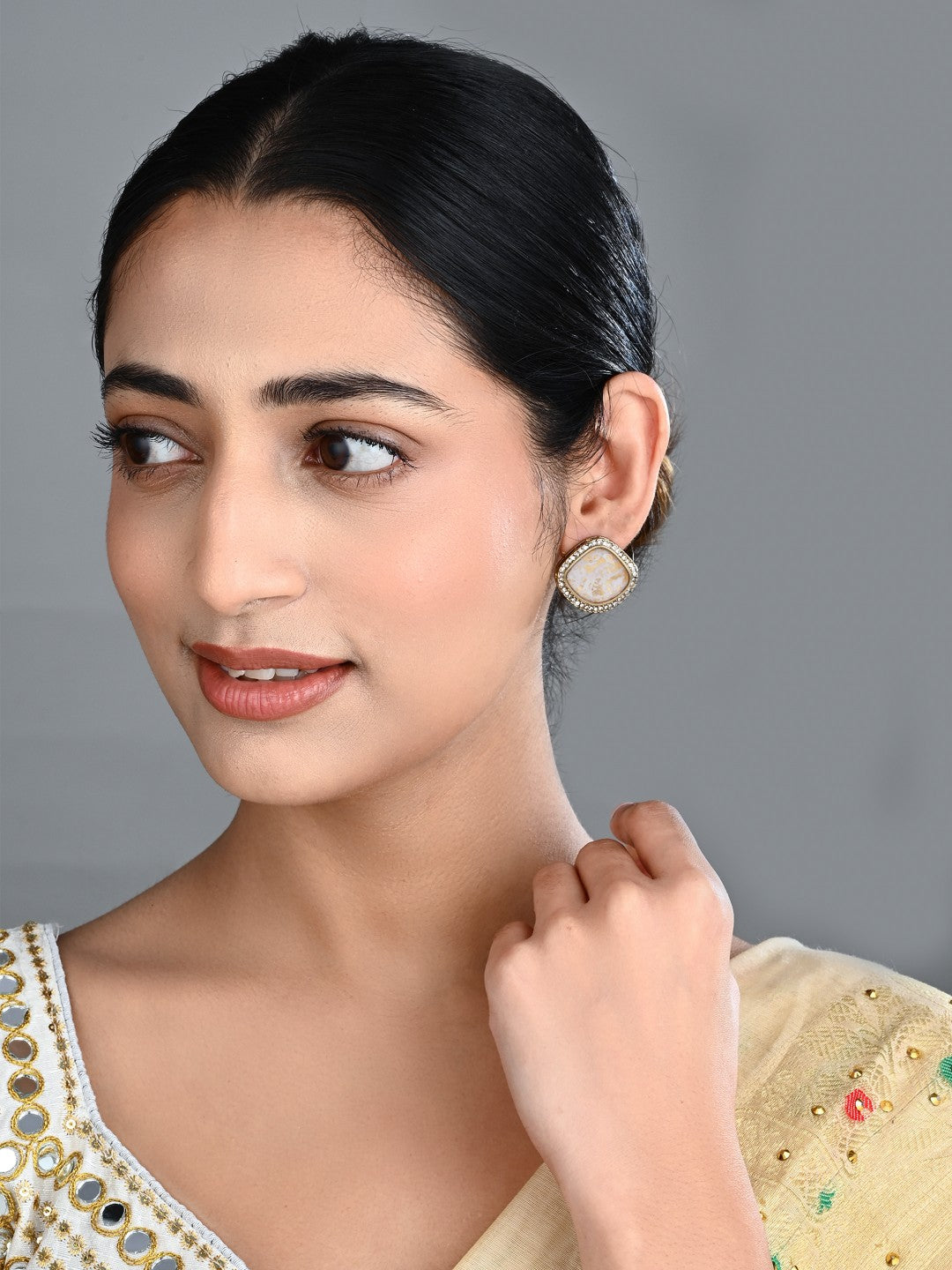 Heritage-Inspired Stone Stud Earrings - White