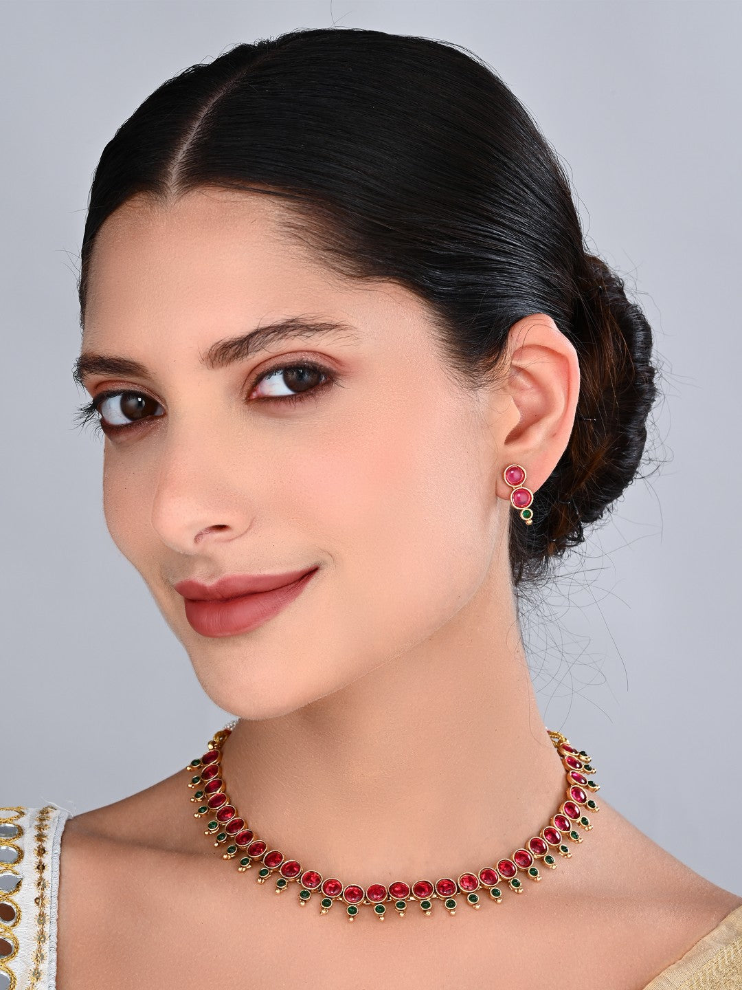 Ruby & Emerald Floral Gold-Tone Necklace & Earrings Set