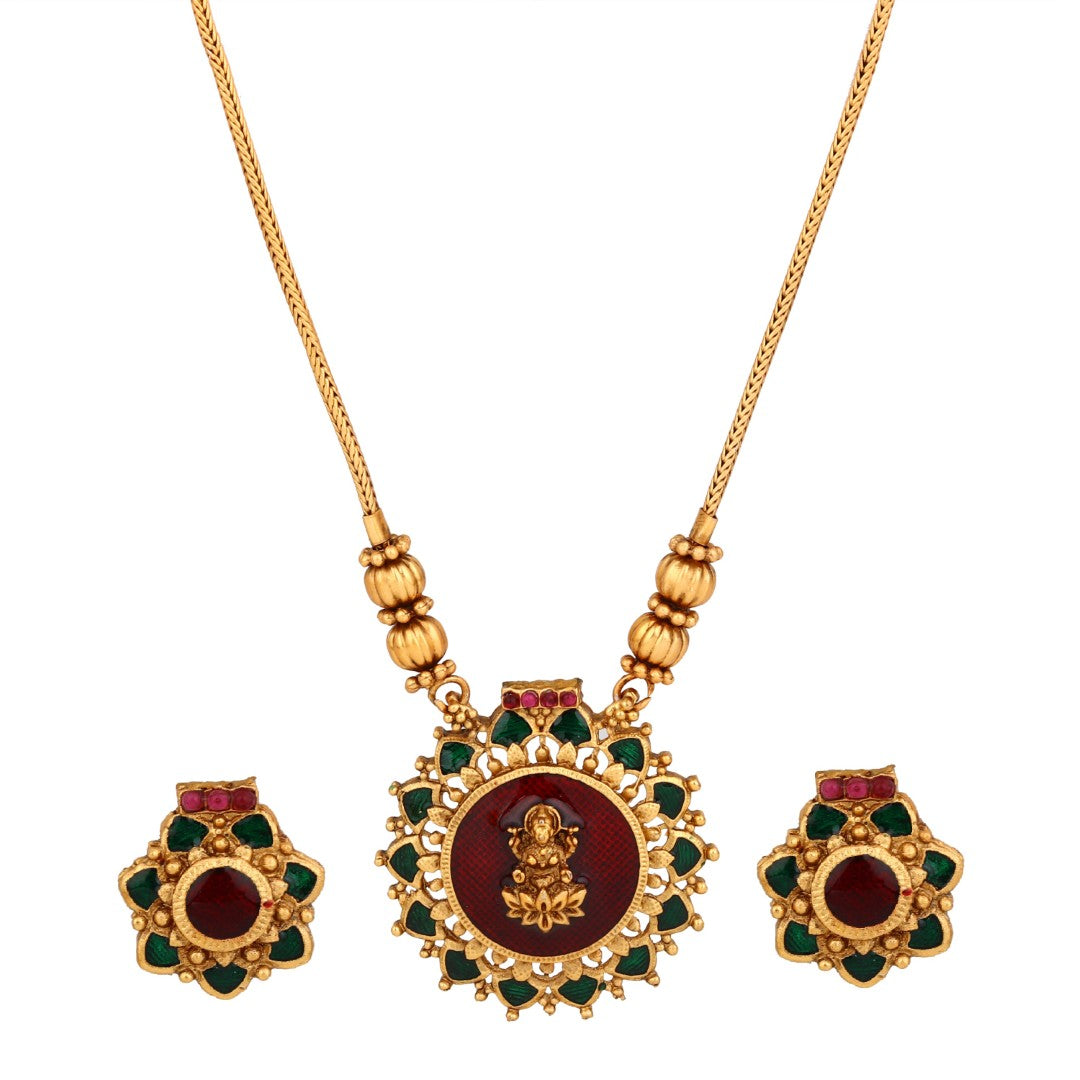 Antique Gold Goddess Motif Temple Necklace Set Red