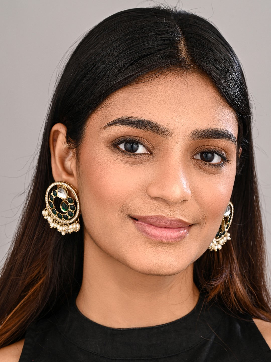 Regal Kundan Pearl Chandbali Earrings - Green