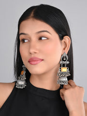 Silver oxydised lightweight long Jhumka with Yellow Stone