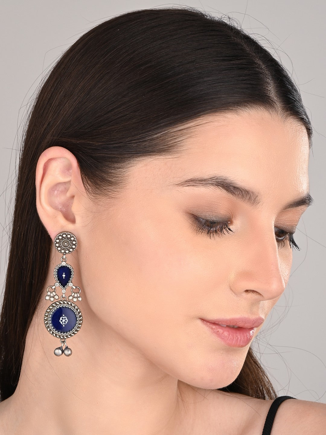 Hand-Painted circular Drop Earrings Blue