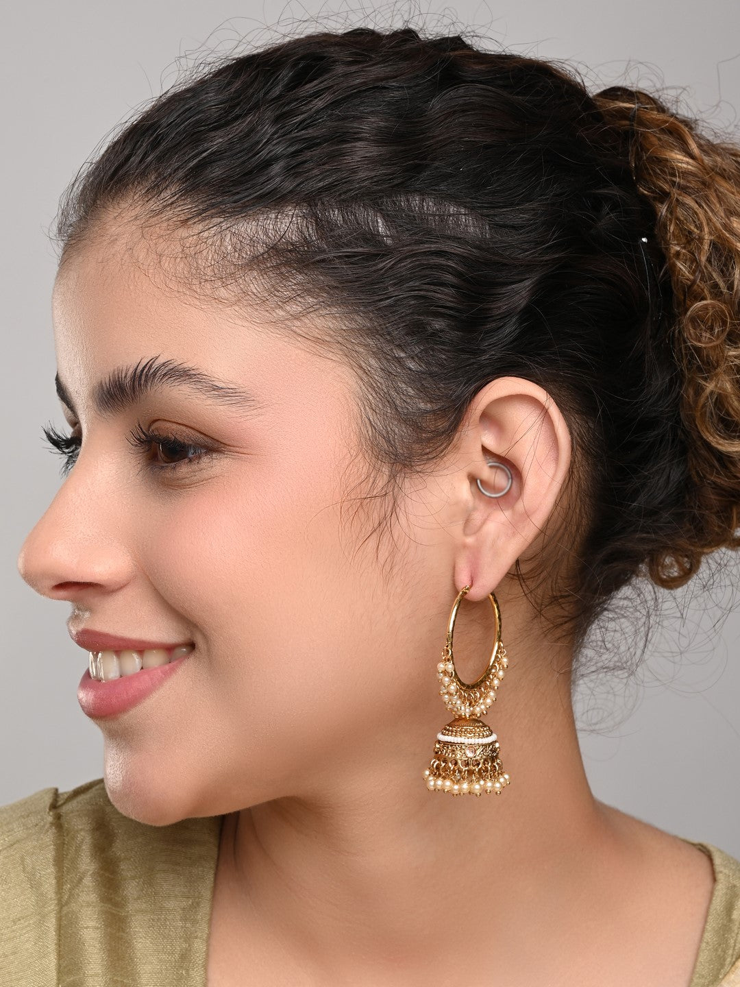 Ethnic hoops with Jhumka drop Gold
