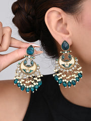 Gold-Plated Meenakari Chandbali Earrings with Kundan & Pearl Drops - Teal