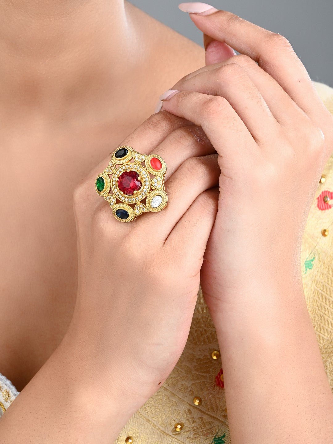 Multicolor Kundan-Inspired Statement Ring