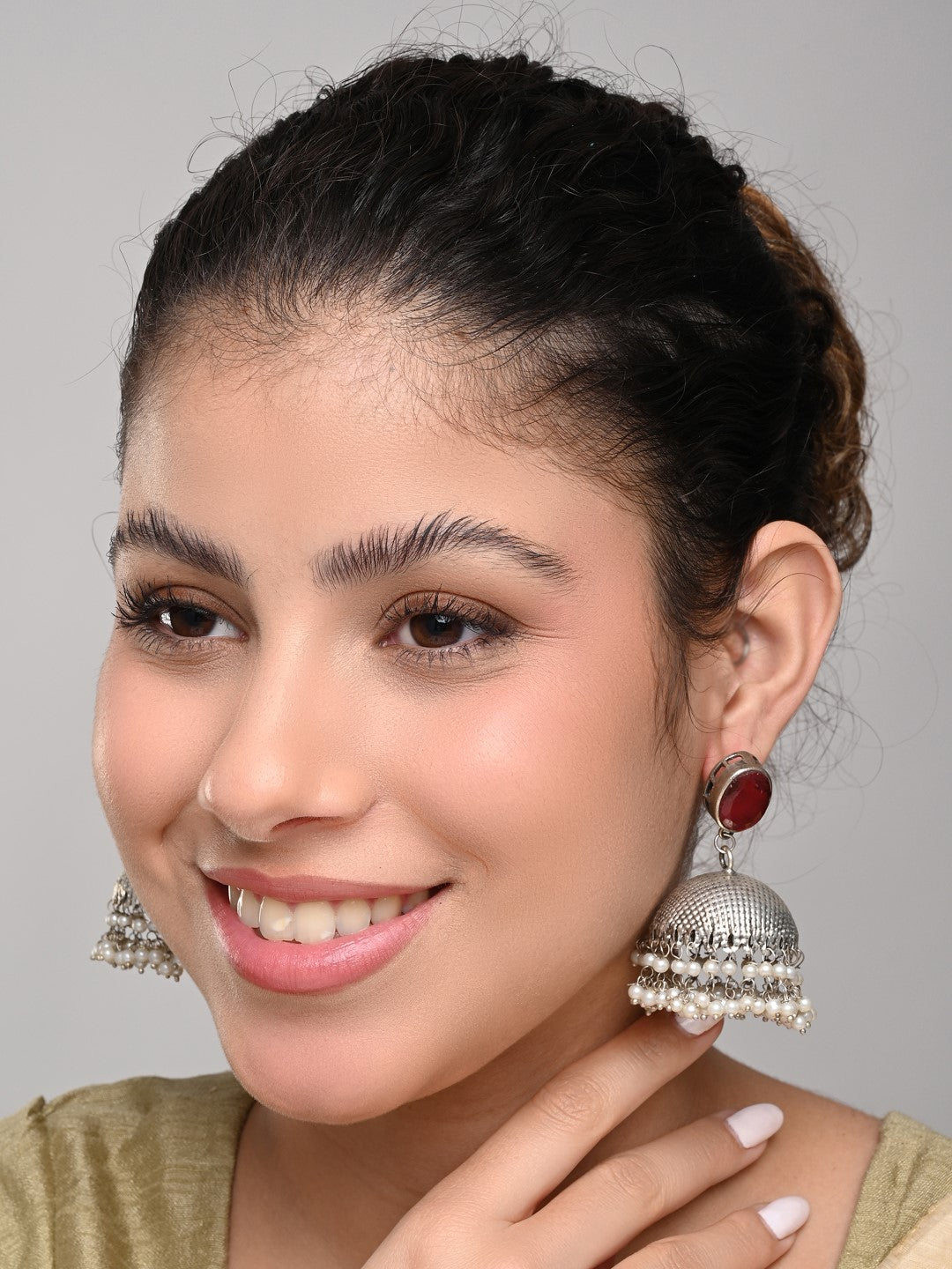 Elegant Silver Oxidised Red Stone Jhumka