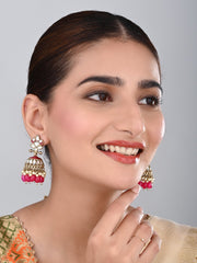 Gold plated Kundan & Meenakari Jhumka Earrings - Pink