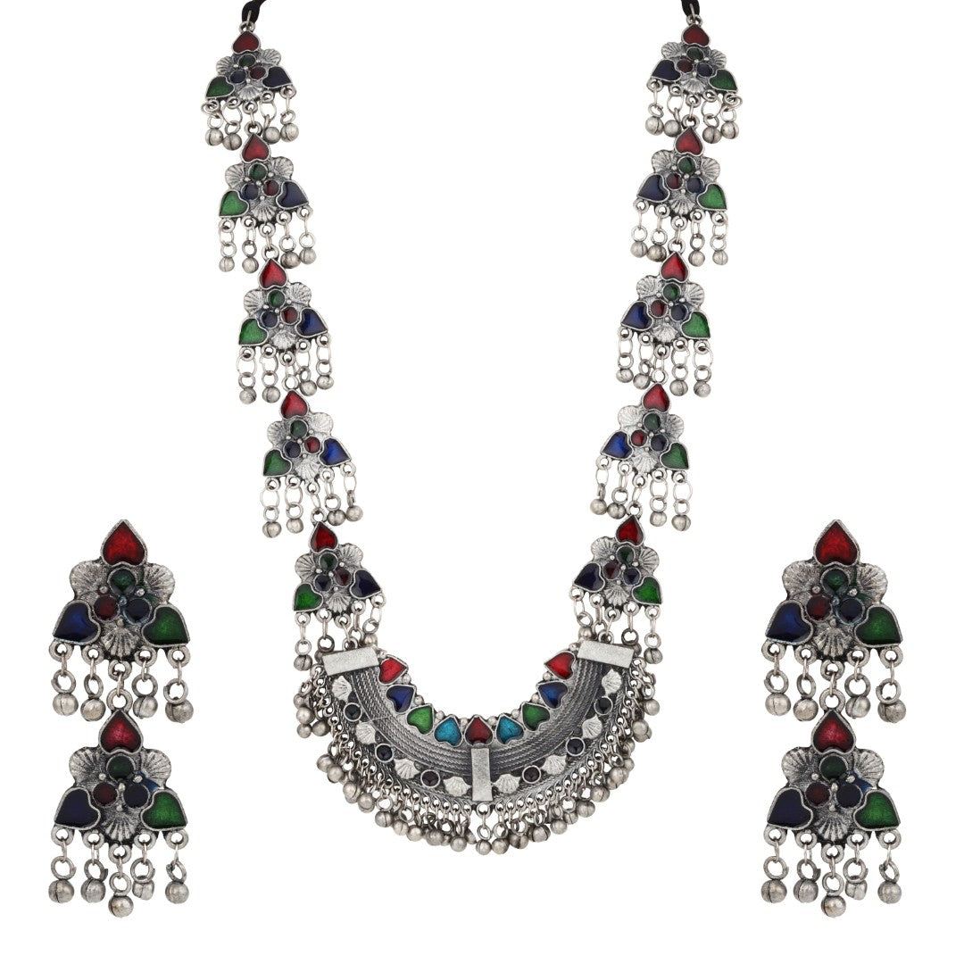 Silver Oxidised Finish Meenakari Necklace Set