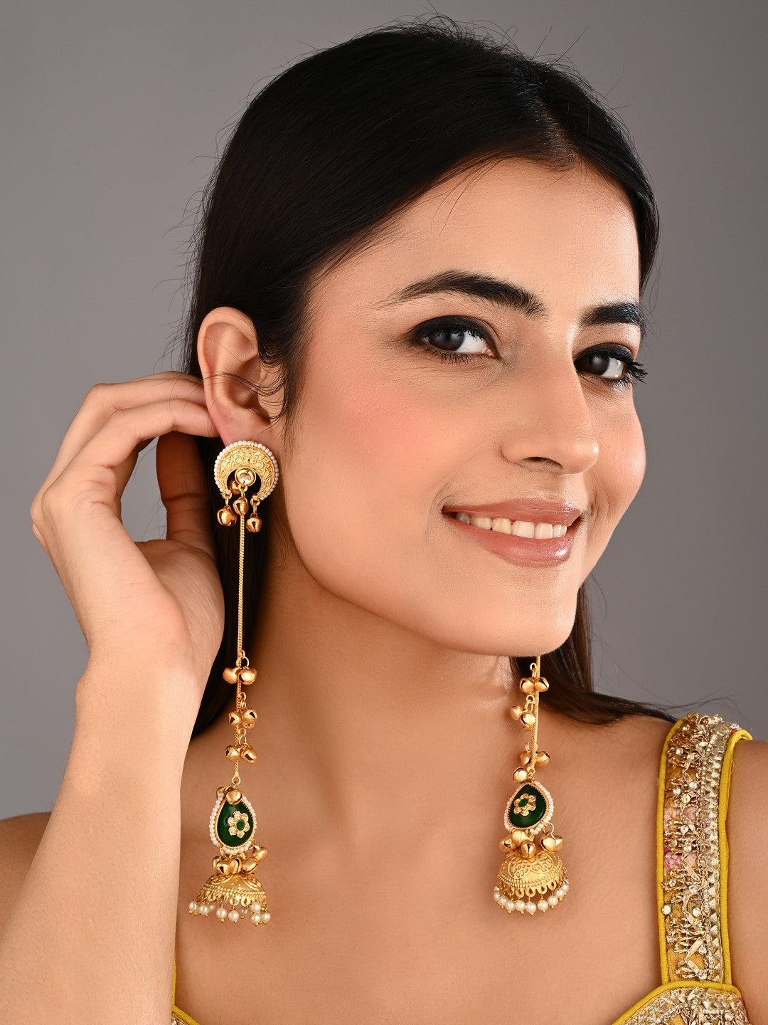 Gold plated Kshimiri long Jhumka Earrings Green