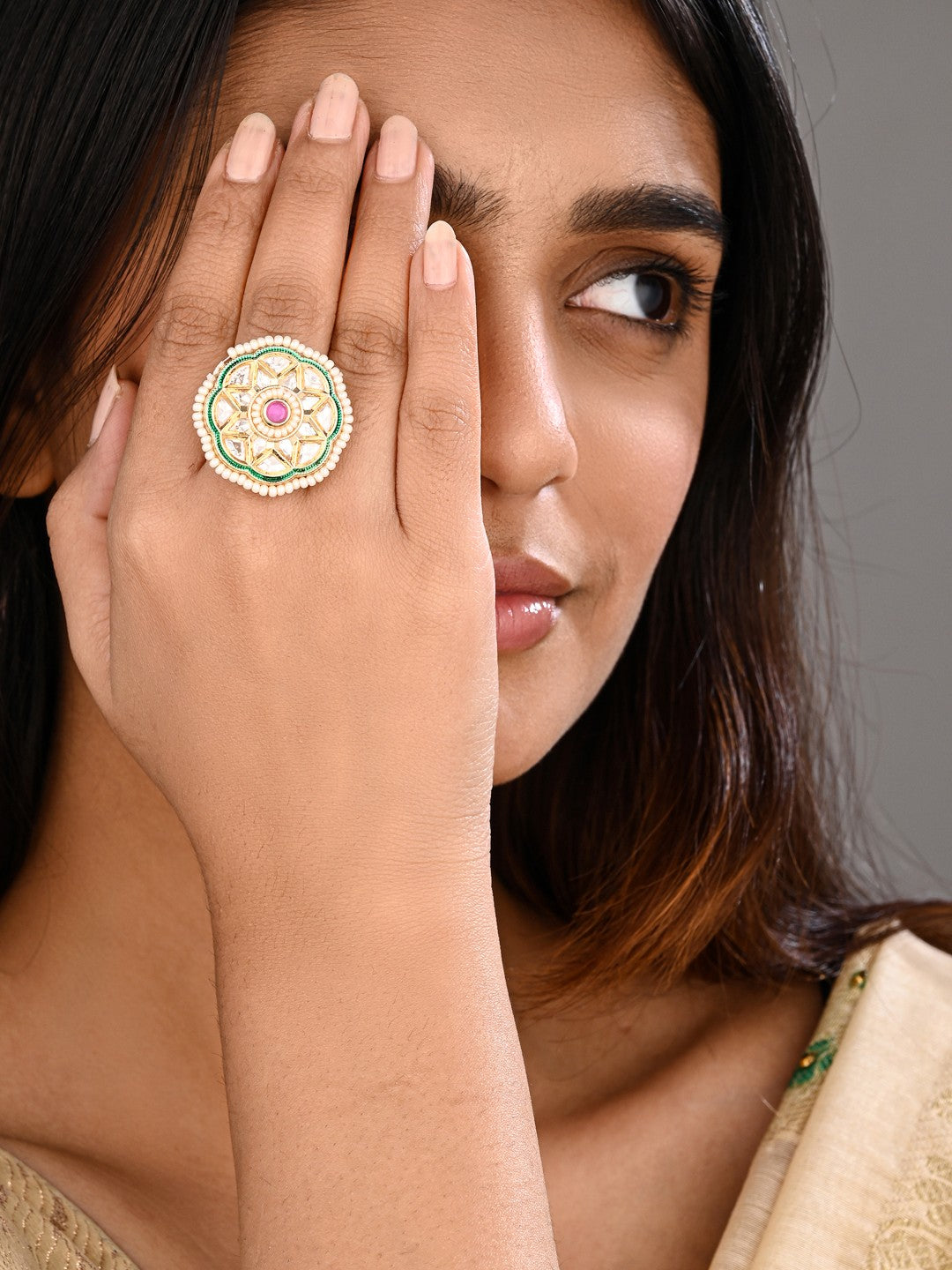 Green enamel Kundan Floral Ring