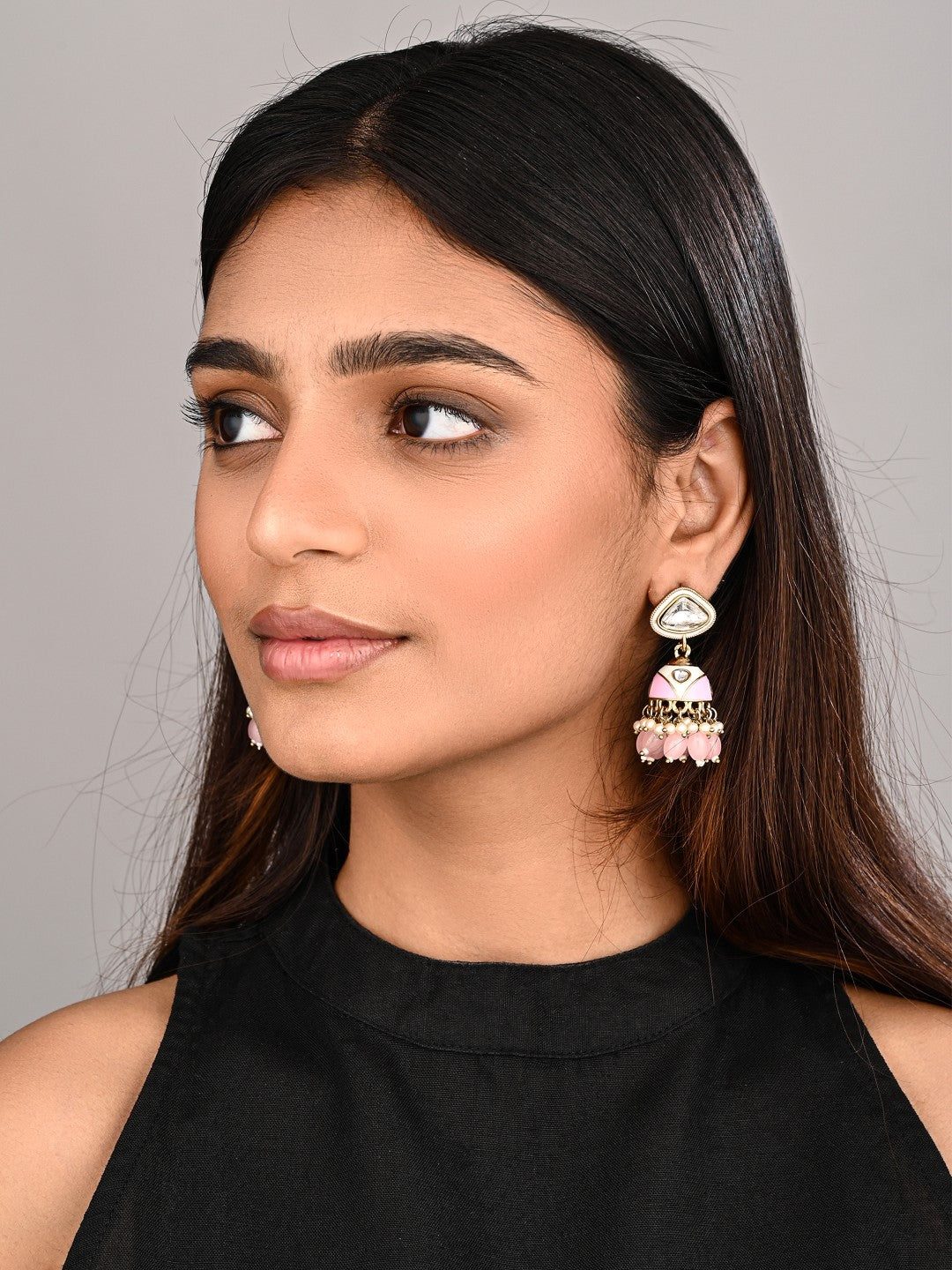 Enamelled Jhumka Earring - Light Pink