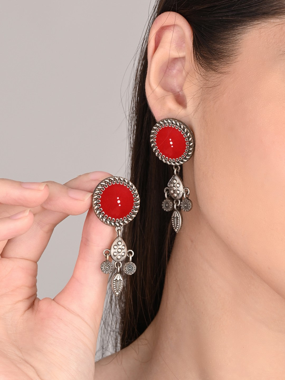 Hand-Painted Circular drop earrings Red