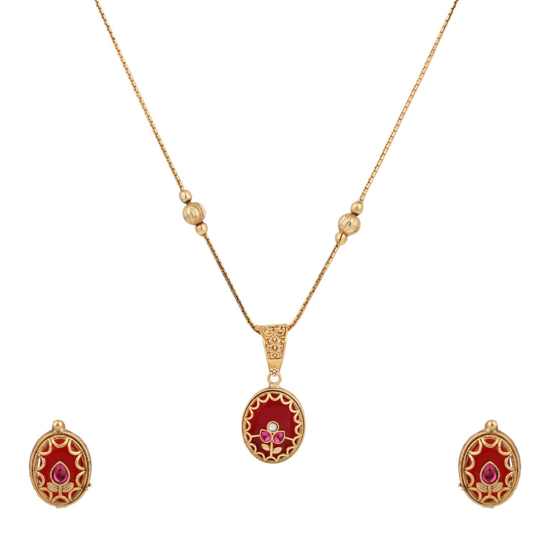 Floral Kundan Pendant Necklace & Stud Earrings Set Red