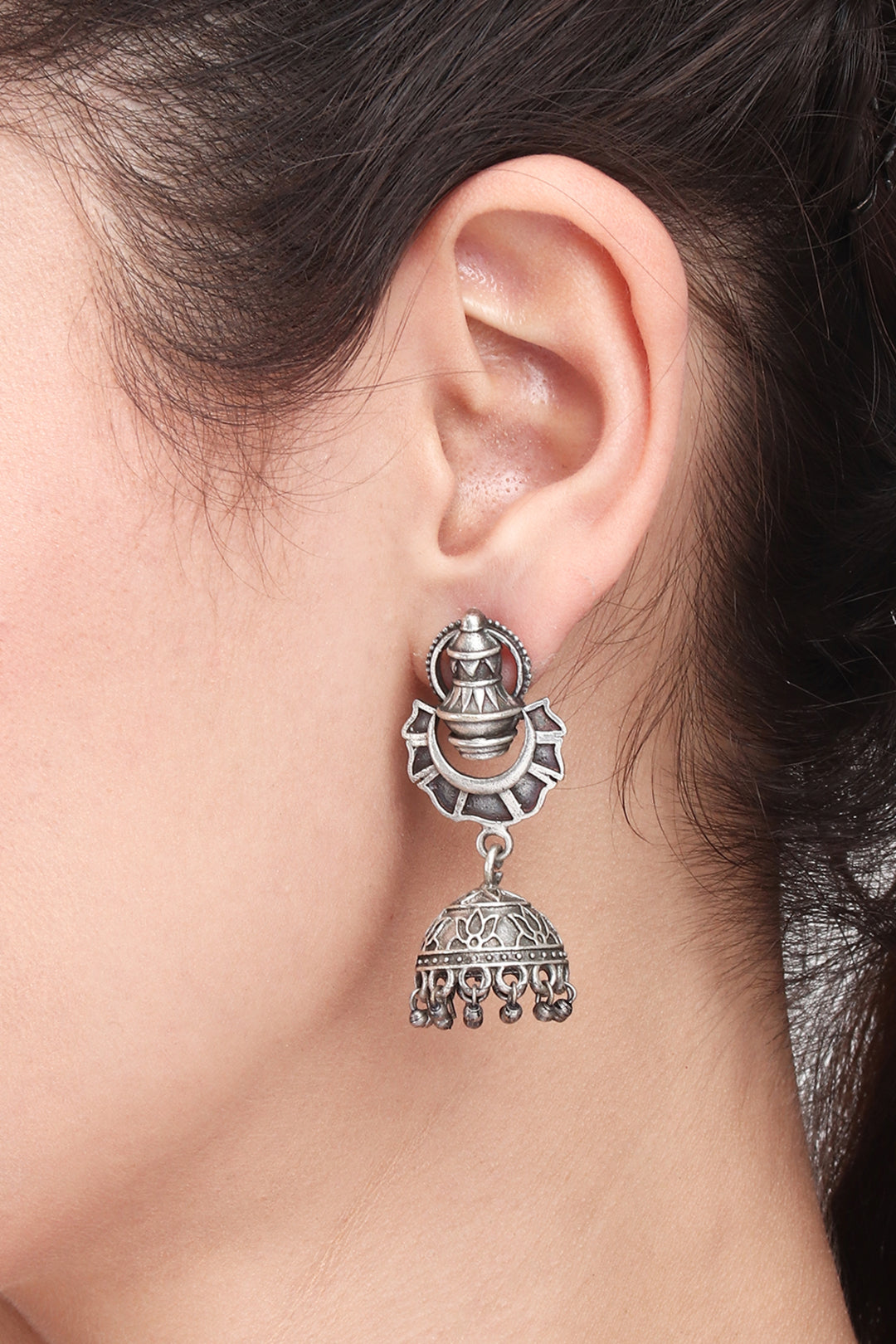 Silver Oxidised temple design jhumka