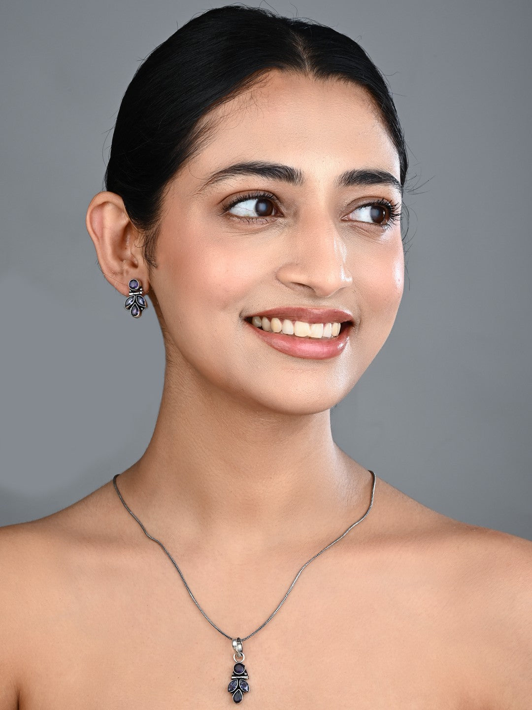 Elegant Crystal Pendant Necklace Set with Matching Drop Earrings - Grey