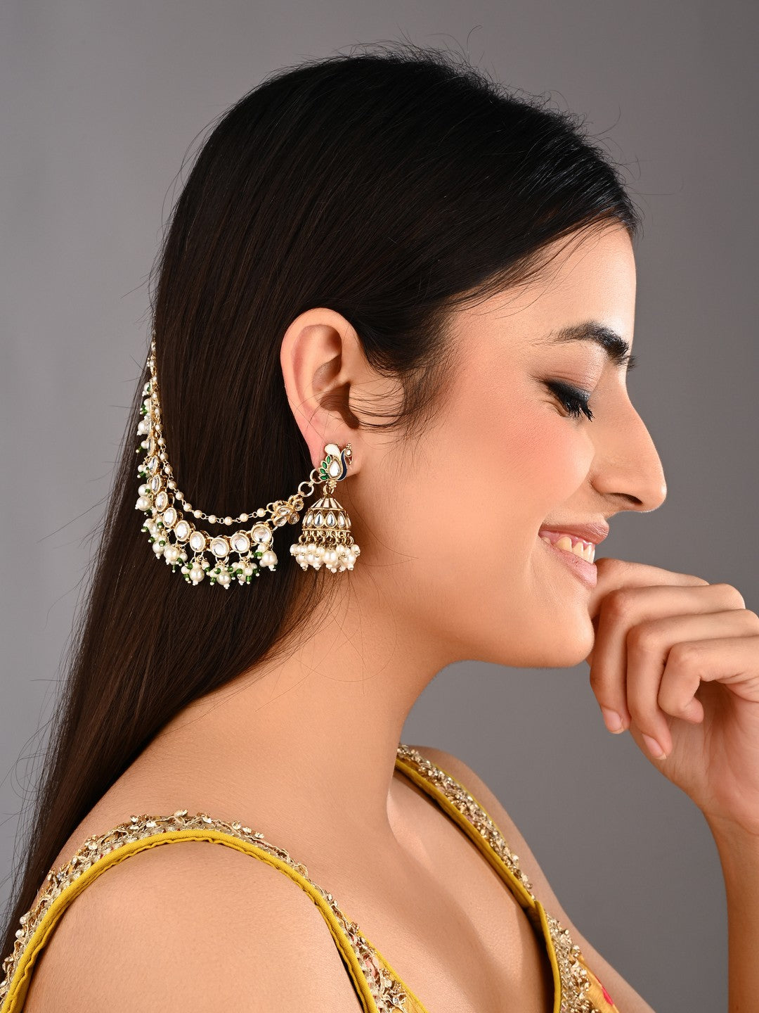 Kundan & Beads double layered ear chains